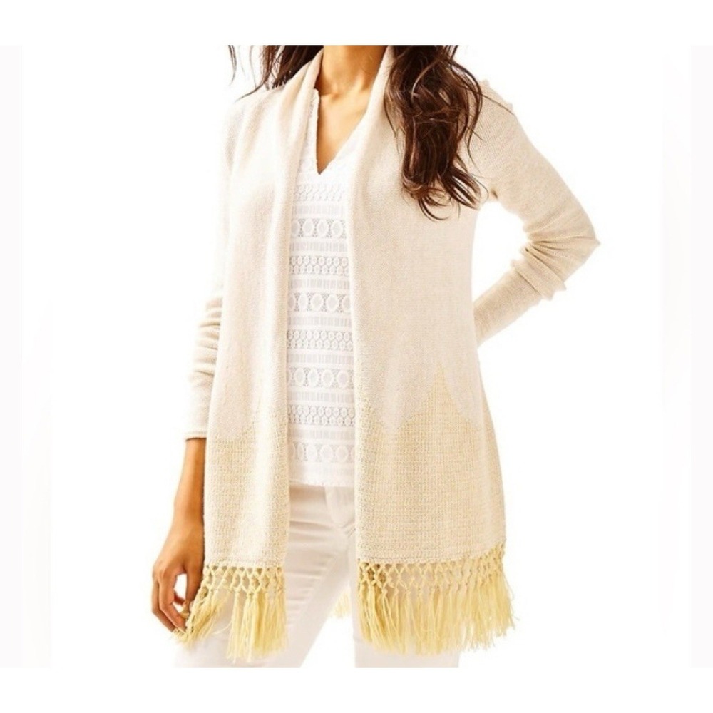 Lilly‎ Pulitzer Tatum Long Fringe Hem Cardigan Ivory Gold Metallic ScallopSize L